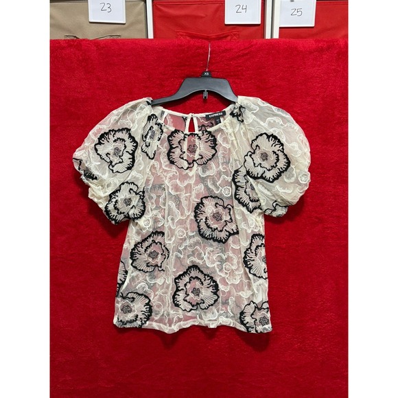 Express Floral Embroidered Sheer Top Puff Sleeve Blouse Party Date Night M - Picture 1 of 9